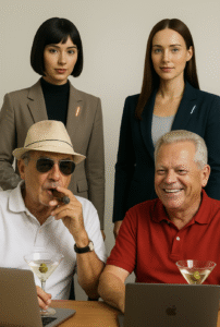 Two grandfathers sitting at computers with a drink, two AI models starnd behind them