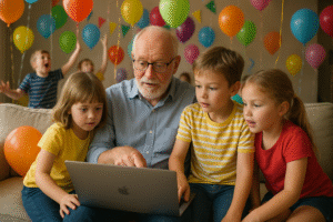 Grandparent looking at computer with children amidst balloons in the background