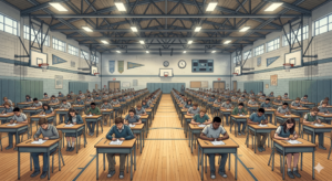 image of students sitting in rows of desks in a gymnasium writing a final exam