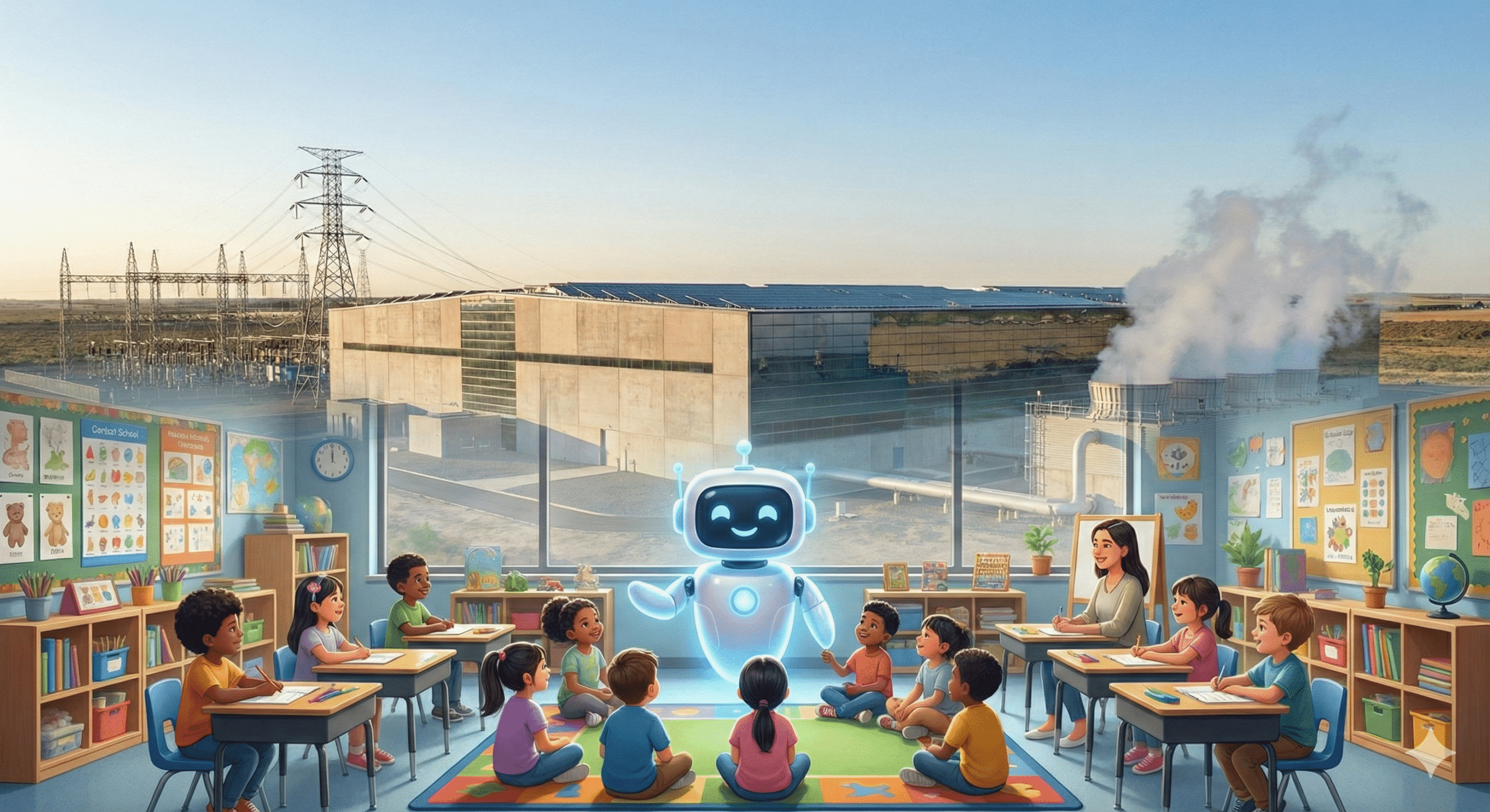 AI-generated picture of a robot with children sitting in front of a server farm