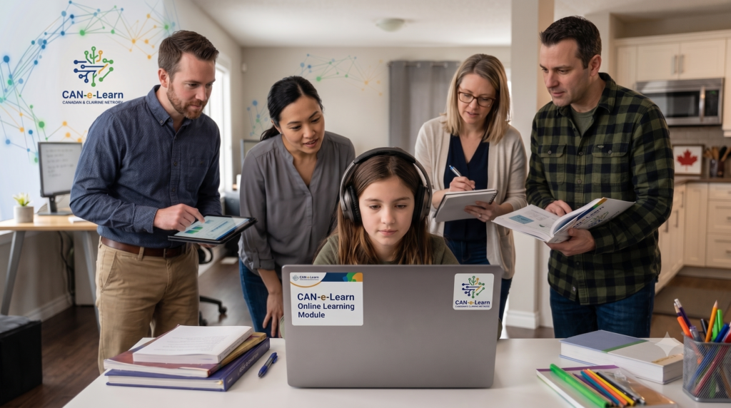 Visual image of adults supporting an online student