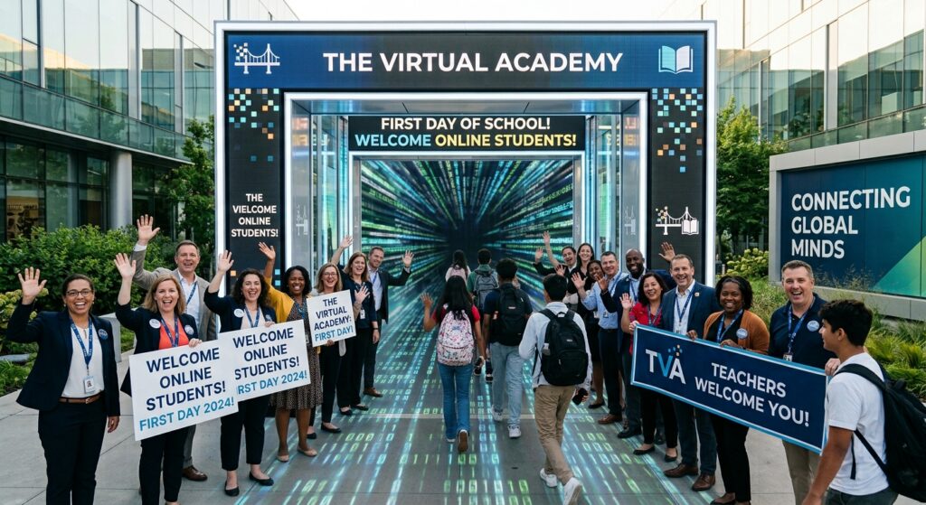 Students coming to first day of online school