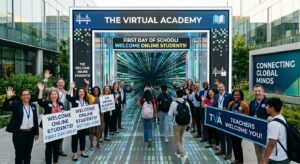 Students coming to first day of online school