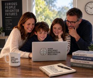 Parents-kids at table with computer