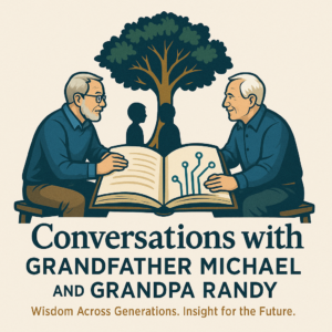 Two grandfathers facing each other with a book