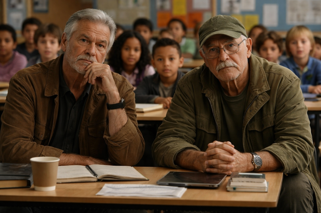 Two grandpas in a classroom